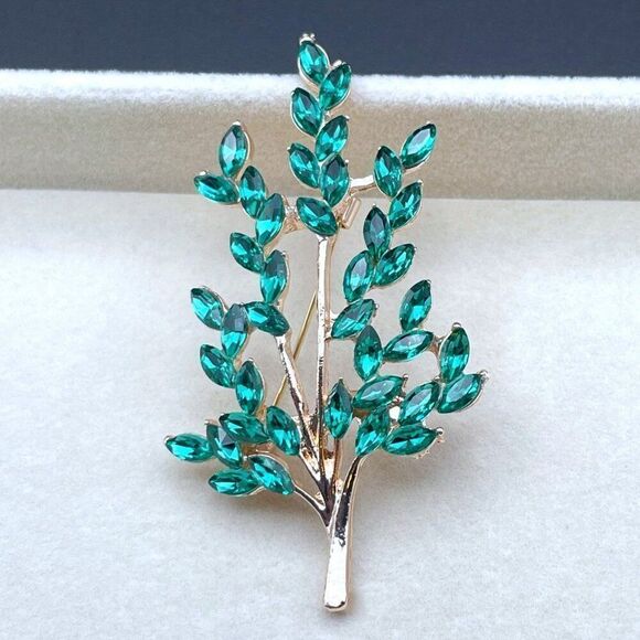 Rose Gold with Emerald Green Crystal Tree Branch with Leaves Pin Back Brooch - Picture 7 of 9